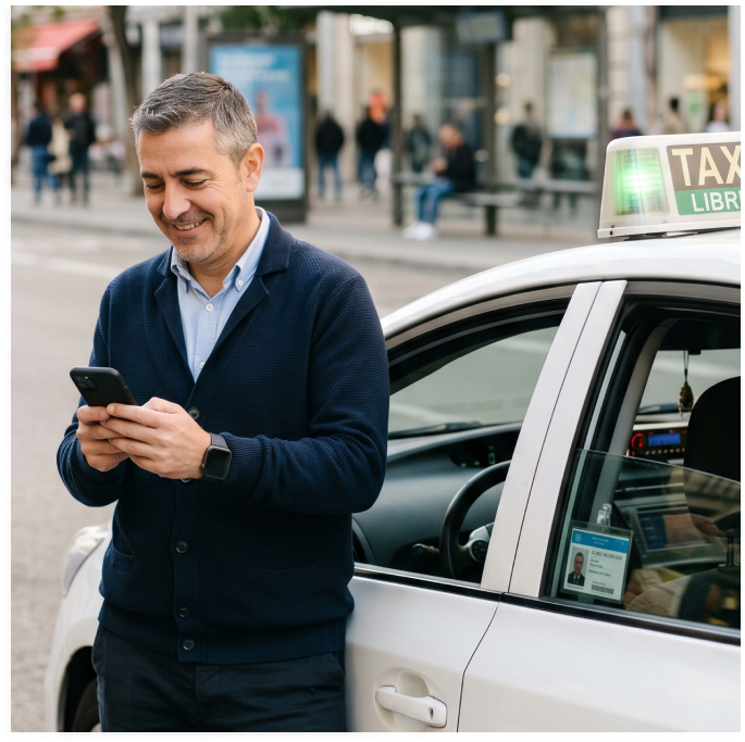 señor apoyado en un taxi mirando el móvil