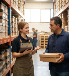 trabajadora atendiendo a un cliente en un almacén