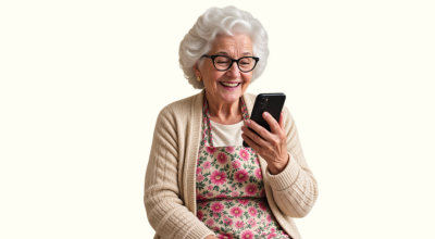 señora "Paquita" sonriendo al móvil